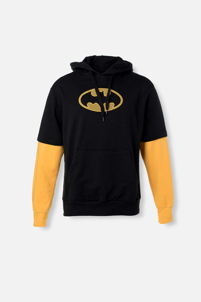  BUZO DE BATMAN CERRADO CON CAPUCHA NEGRO Y AMARILLO PARA HOMBRE