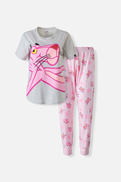  PIJAMA DE LA PANTERA ROSA GRIS Y ROSADA DE PANTALÓN LARGO PARA MUJER