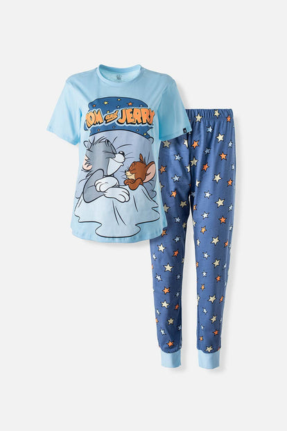  PIJAMA DE TOM Y JERRY  MANGA CORTA AZUL PARA MUJER