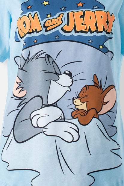  PIJAMA DE TOM Y JERRY  MANGA CORTA AZUL PARA MUJER