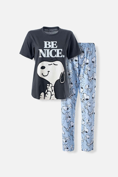 Card slide image -  PIJAMA DE SNOOPY GRIS Y AZUL CLARO DE PANTALÓN LARGO PARA MUJER