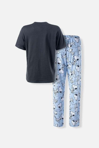  PIJAMA DE SNOOPY GRIS Y AZUL CLARO DE PANTALÓN LARGO PARA MUJER